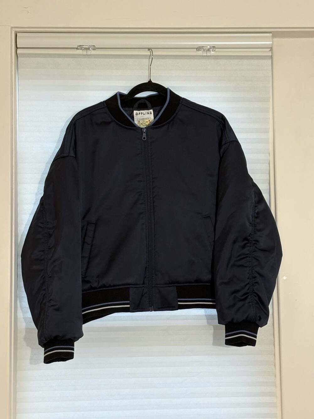 Offline by Aerie Bomber Jacket Size L Navy Full Zip Satin